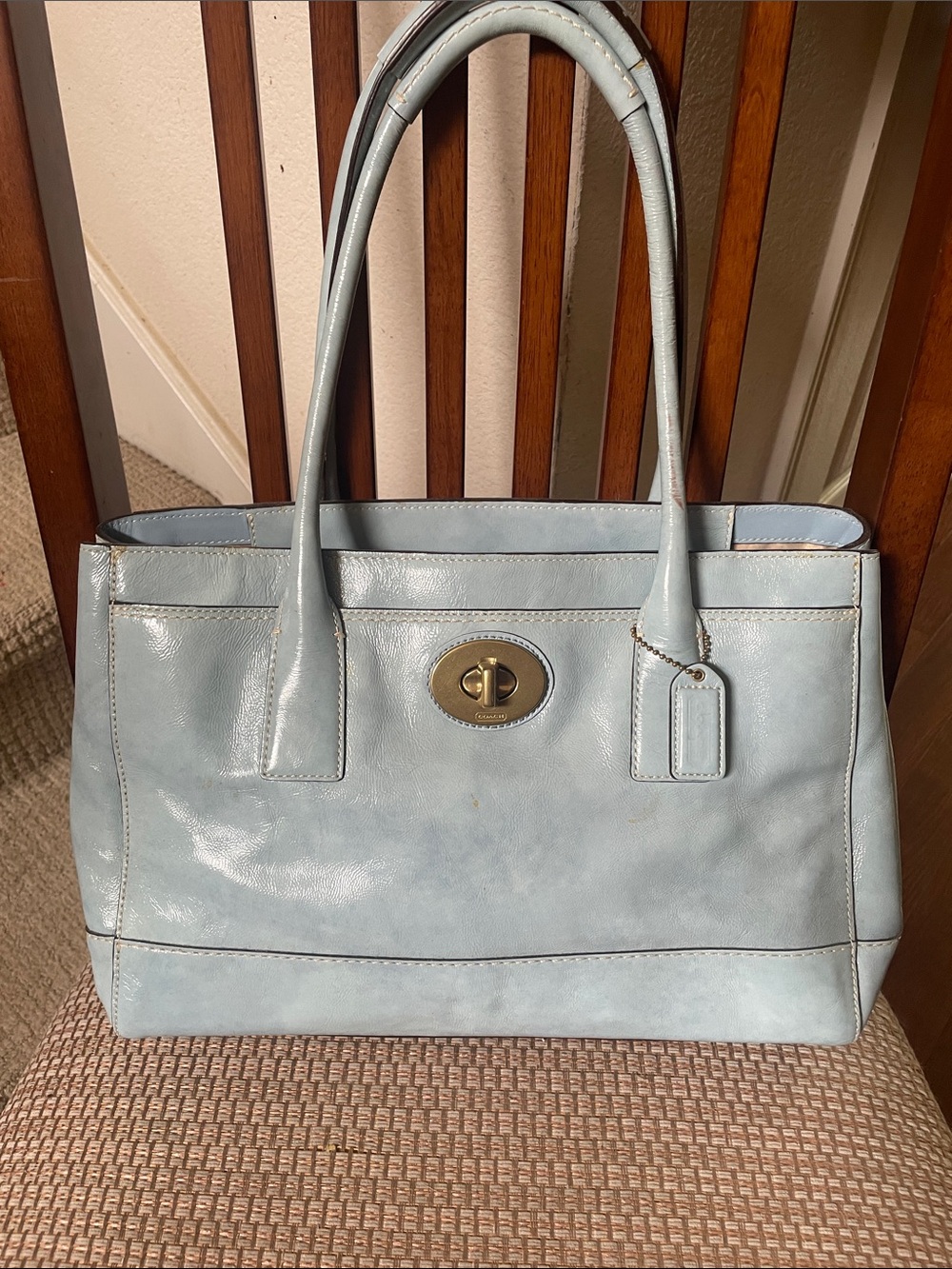 Coach Light Blue Patent Leather Tote Bag with Turn-Lock Closure
